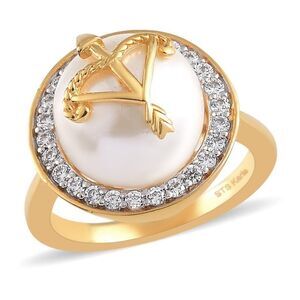 Freshwater Pearl 12mm and Simulated Diamond  Sagittarius Zodiac 18K YG Pla…